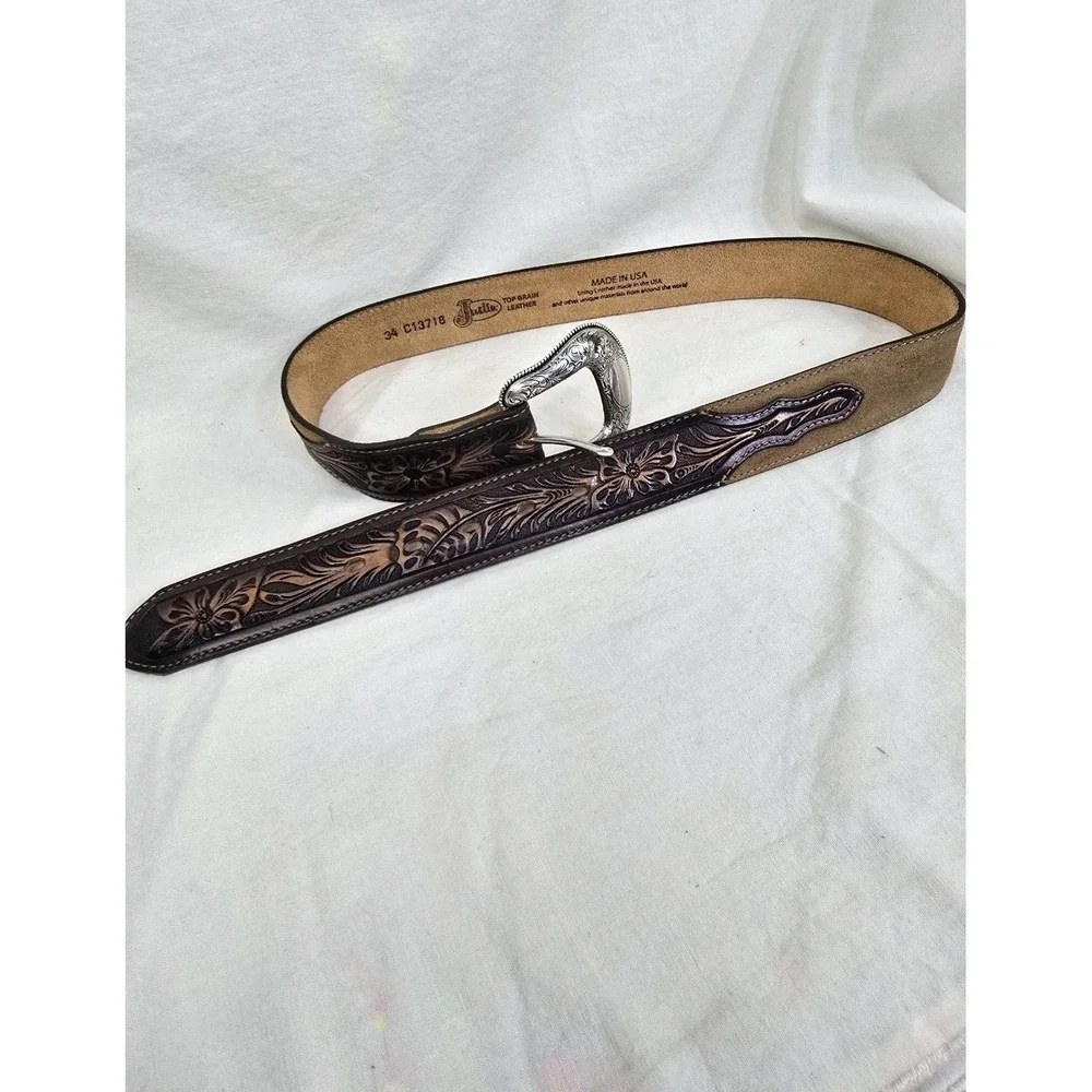 Justin Two Tone Leather Tooled Belt‎ Sz 34 1.5